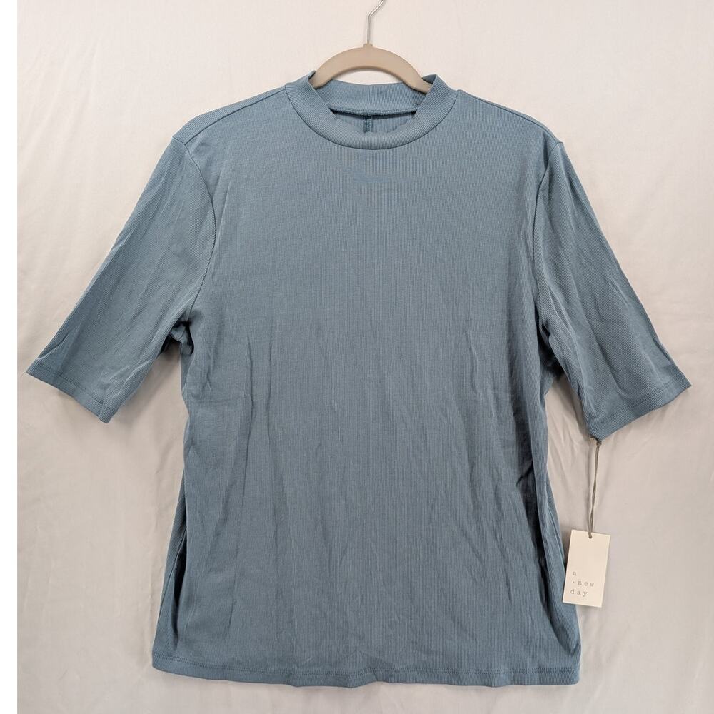 A New Day Mock Turtleneck XL Elbow Sleeve Ribbed Casual Blue High Neck Shirt